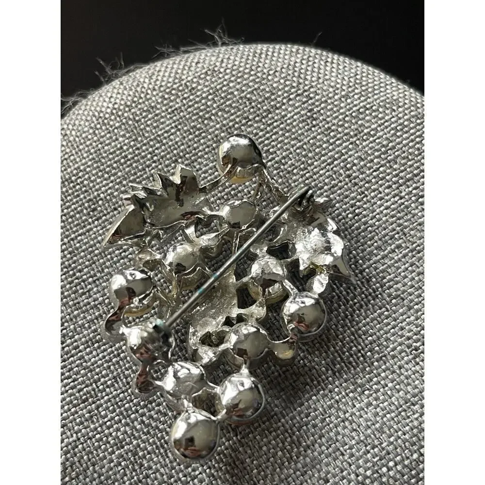 Vintage Faux Pearl Rhinestone Brooch Pin Silvertone Retro Floral Wedding Formal